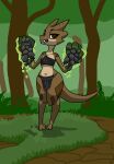  anthro black_clothing brown_body brown_eyes brown_scales brown_tail clothing detailed_background eyelashes fangs female grass hi_res kobold magic magic_gauntlet magic_user markings multicolored_body multicolored_scales navel paws plant scales scalie smile solo squablodecomplash tail_markings tree two_tone_body two_tone_scales two_tone_tail wiggles_(squablodecomplash) 