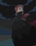  1boy black_cape cape cloud commentary_request grey_eyes lance_(pokemon) looking_down male_focus night outdoors pokemon pokemon_(game) pokemon_hgss popped_collar red_hair short_hair sky solo spiked_hair twitter_username y_(036_yng) 