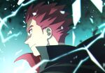  1boy black_cape blurry cape closed_mouth commentary_request electricity from_side green_background grey_eyes lance_(pokemon) male_focus pokemon pokemon_(game) pokemon_hgss popped_collar portrait red_hair short_hair solo spiked_hair y_(036_yng) 