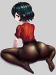  1girl aqua_eyes ass black_eyes black_hair blush from_behind hair_between_eyes highres huge_ass kaban_(kemono_friends) kemono_friends looking_at_viewer looking_back neukkom pantyhose red_shirt shirt short_hair shorts solo wavy_hair wide_hips 