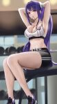  1girl alternate_costume armpits arms_up bangs black_shorts blurry blurry_background blush breasts cleavage genshin_impact highres large_breasts looking_at_viewer mouth_hold ponytail purple_eyes purple_hair raiden_shogun shorts sitting sleeveless solo sports_bra sweat thighs white_sports_bra yamikyon 