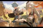  1boy 2girls absurdres aqua_hair bangs black_bodysuit blonde_hair blue_eyes blurry blurry_foreground blush bodysuit braid braided_ponytail breast_curtains breasts c3t_gg chongyun_(genshin_impact) cloud commentary_request cooking_pot day detached_sleeves flower flying_sweatdrops food genshin_impact grey_hair hair_between_eyes hair_ornament hair_over_one_eye highres holding hood hood_down leaf letterboxed long_hair lumine_(genshin_impact) medium_breasts mountain multiple_girls outdoors shenhe_(genshin_impact) sky sparkle white_flower 