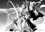  1boy chaos_space_marine eidolon_(warhammer_40k) emperor&#039;s_children greyscale highres male_focus mohawk monochrome noise_marines power_armor ryuusei_(mark_ii) shouting signature solo war_hammer warhammer_40k weapon 