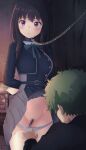  1girl arms_behind_back black_hair blue_shirt blush bound breasts chain chained clothes_lift collar female_pubic_hair highres inoue_takina large_breasts lycoris_recoil lycoris_uniform majima_(lycoris_recoil) neck_ribbon panties panty_pull pasya-pasya pubic_hair ribbon shirt skirt skirt_lift tearing_up tied_up_(nonsexual) underwear 