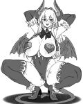  1girl armpits arms_up blush bow bowtie breasts cattleya_(houtengeki) cleavage covered_navel covered_nipples demon_girl demon_horns demon_wings greyscale heart_pasties highleg highleg_leotard highres horns houtengeki huge_breasts leotard long_hair looking_at_viewer monochrome original parted_lips pasties pointy_ears smile solo squatting thighhighs wings 