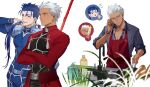  2boys abs absurdres apron archer_(fate) armor black_bodysuit black_shirt blue_bodysuit blue_hair bodysuit bracelet cigarette closed_eyes collared_shirt commentary covered_abs crossed_arms cu_chulainn_(fate) cu_chulainn_(fate/stay_night) dark-skinned_male dark_skin earrings fate/stay_night fate_(series) frying_pan gae_bolg_(fate) grass grey_eyes hand_up highres holding holding_cigarette holding_frying_pan holding_hair holding_knife holding_phone holding_polearm holding_weapon jewelry knife kuzen long_hair looking_afar looking_at_another low_ponytail male_focus multiple_boys muscular muscular_male open_mouth phone plant polearm ponytail red_apron red_eyes shirt short_hair shrug_(clothing) sink smile spear upper_body weapon white_background white_hair 