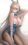  1girl absurdly_long_hair absurdres animal_ears arm_behind_head arm_up asuna_(blue_archive) asuna_(bunny)_(blue_archive) bangs bare_shoulders between_legs blue_archive blue_bow blue_bowtie blue_eyes blue_leotard blue_ribbon bow bowtie breasts brown_pantyhose cleavage commentary_request detached_collar eyes_visible_through_hair fake_animal_ears fine_fabric_emphasis gloves grin hair_over_one_eye hair_ribbon hand_between_legs hand_in_own_hair highleg highleg_leotard highres ijac_ray leotard light_brown_hair long_hair looking_at_viewer mole mole_on_breast pantyhose parted_lips playboy_bunny rabbit_ears ribbon sidelocks simple_background sitting smile solo strapless strapless_leotard swept_bangs teeth thighband_pantyhose traditional_bowtie very_long_hair wariza white_background white_gloves 