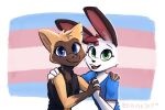  2022 anthro brown_body brown_fur digital_media_(artwork) duo ear_piercing ear_ring elote_(enginetrap) enginetrap faye_(sloppy) female fur gloves_(marking) hand_holding head_tuft hi_res lagomorph leporid lgbt_pride looking_at_viewer mammal markings mustelid open_mouth open_smile piercing pride_colors rabbit ring_piercing signature smile transgender_pride_colors tuft white_body white_fur yellow_body yellow_fur 