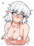  1girl bikini blush breast_lift breasts cleavage crossed_arms eyelashes full-face_blush large_breasts micro_bikini mizuhashi_parsee ootsuki_wataru partially_colored pointy_ears sketch skindentation solo swimsuit touhou underboob wavy_mouth white_bikini 