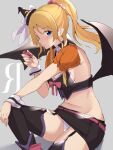  1girl ayase_eli bangs belt black_headwear black_skirt black_thighhighs black_wings blonde_hair blue_eyes blush bow breasts cleavage detached_collar detached_sleeves floating_hair flugel_(kaleido_scope-710) garter_straps groin hair_between_eyes hair_ornament hair_scrunchie halloween halloween_costume hat hat_bow highres holding long_hair love_live! love_live!_school_idol_project medium_breasts midriff mini_hat miniskirt navel orange_sleeves panties pantyshot parted_lips pencil_skirt pink_belt pink_scrunchie ponytail scrunchie short_sleeves sideboob sitting skirt solo stomach thighhighs underwear white_bow white_panties wing_collar wings witch_hat wrist_cuffs 