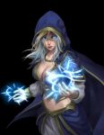  1girl armor blue_cape breasts cape casting_spell cloak glowing glowing_eyes gold_trim hearthstone highres hood hooded_cloak human_(warcraft) jaina_proudmoore kakipure mage_(warcraft) midriff pauldrons shoulder_armor warcraft world_of_warcraft 
