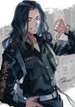  1boy baji_keisuke belt black_hair black_jacket brown_eyes cowboy_shot delinquent grin jacket long_hair long_sleeves looking_at_viewer male_focus otani_(gloria) pants signature smile solo thumbs_down tokyo_revengers upper_body white_belt 