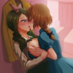  2girls absurdres against_wall ahoge assault_lily bangs bed black_bow blue_bra blue_dress blurry blurry_background blush bow bowtie bra bra_pull braid braided_ponytail breast_grab breasts breasts_out brown_bow brown_hair closed_eyes clothes_pull collared_dress collared_shirt commentary_request curtains dress face-to-face facing_another fingernails french_kiss from_side futagawa_fumi grabbing green_bow green_bowtie green_hair green_skirt hair_between_eyes hair_bow hair_over_shoulder hand_up highres holding_another&#039;s_wrist indoors jacket jacket_removed kiss large_breasts long_hair long_sleeves looking_at_another low_ponytail low_twintails multiple_girls nose_blush open_clothes open_shirt parted_lips profile puffy_short_sleeves puffy_sleeves purple_eyes raised_eyebrows saliva shade shirt short_sleeves single_braid skirt standing sweat tongue tongue_out twintails ueharu underwear upper_body white_shirt yamanashi_hibari yellow_jacket yuri 