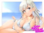  1girl bikini braid breasts cleavage collarbone earrings french_braid grey_eyes grey_hair highres hisakawa_hayate idolmaster idolmaster_cinderella_girls jewelry kon5283 large_breasts long_hair lying midriff navel on_side polka_dot polka_dot_bikini smile solo swimsuit thighs 