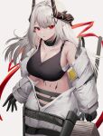  1girl absurdres arknights black_collar black_sports_bra bodysuit breasts cleavage collar collarbone cowboy_shot demon_horns ear_piercing elite_ii_(arknights) grey_hair groin hair_ornament highres holding holding_weapon horns infection_monitor_(arknights) large_breasts mea_(hwaksal) mudrock_(arknights) open_bodysuit oripathy_lesion_(arknights) piercing pointy_ears red_eyes red_ribbon ribbon sideboob simple_background solo sports_bra strap_slip war_hammer weapon white_background white_bodysuit 