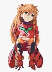  1girl bangs blue_eyes bodysuit breasts commentary_request evangelion:_3.0+1.0_thrice_upon_a_time hair_ornament highres kneeling long_hair looking_at_viewer medium_breasts neon_genesis_evangelion orange_hair pilot_suit plugsuit rebuild_of_evangelion red_bodysuit shiren_(ourboy83) solo souryuu_asuka_langley torn_bodysuit torn_clothes 
