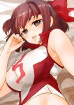  1girl absurdres breasts brown_eyes brown_hair covered_nipples crop_top girls_und_panzer headband highres impossible_clothes impossible_shirt kondou_taeko kutouten large_breasts lying on_side red_headband shirt sleeveless sleeveless_shirt smile solo upper_body 
