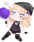  +_+ 1girl :o aa-12_(girls&#039;_frontline) bare_shoulders beanie black_gloves black_headwear black_shorts black_tank_top black_thighhighs blonde_hair blue_eyes candy chibi dokomon food girls&#039;_frontline gloves hat highres holding holding_candy holding_food holding_lollipop knee_pads korean_text lollipop long_hair looking_at_viewer no_shoes parted_lips short_shorts shorts simple_background solo tank_top thighhighs translation_request white_background 