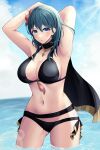  1girl absurdres arms_up artist_name ass_visible_through_thighs belt bikini black_bikini blue_eyes blue_hair breasts byleth_(fire_emblem) byleth_(fire_emblem)_(female) byleth_(summer)_(fire_emblem)_(female) capelet cleavage cowboy_shot fire_emblem fire_emblem:_three_houses fire_emblem_heroes flower hair_flower hair_ornament halterneck hibiscus highres large_breasts looking_at_viewer medium_hair navel official_alternate_costume reia_hana sandals signature solo sunlight swimsuit tassel twitter_username wading water 