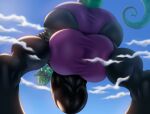  absurd_res anthro artisipancake balls between_legs big_balls big_penis black_penis canid canine clothing cloud flaccid genitals green_hair hair hi_res huge_balls huge_penis hyper hyper_balls hyper_genitalia hyper_penis looking_at_viewer looking_down looking_down_at_viewer low-angle_view macro male mammal penis penis_out_of_underwear poking_out solo thomas_green under_balls underwear 