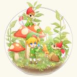  absurdres blonde_hair blue_eyes brown_hair clover cup enni ezlo full_body grass green_tunic hat highres holding holding_cup link miniboy minish mushroom phrygian_cap plant pointy_ears terrarium the_legend_of_zelda the_legend_of_zelda:_the_minish_cap 