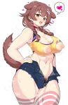  &lt;3 accessory animal_ears animal_humanoid bottomwear braided_hair brown_body brown_eyes brown_fur brown_hair canid canid_humanoid canine canine_humanoid clothing cutoffs denim denim_clothing dog_humanoid female fur hair hair_accessory hairpin hand_on_hip hi_res hololive humanoid korone_inugami looking_at_viewer mammal mammal_humanoid matarou072 nipples open_mouth pattern_clothing pigtails pubes shirt shorts simple_background solo speech_bubble standing striped_clothing stripes tank_top thick_thighs topwear twin_braids unzipped unzipped_pants virtual_youtuber white_background 