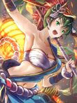  1girl armpits bandaged_chest bandeau breasts chest_sarashi clear_glass_(mildmild1311) collarbone fire_emblem fire_emblem_heroes green_eyes green_hair hair_between_eyes hair_ornament highres holding holding_polearm holding_weapon japanese_clothes lantern long_hair looking_at_viewer lyn_(fire_emblem) mask mask_on_head medium_breasts midriff navel open_mouth outstretched_arm polearm ponytail sarashi stomach sweat upper_body weapon 