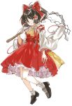 1girl ascot bangs black_footwear black_hair bow commentary_request detached_sleeves frilled_bow frilled_hair_tubes frills full_body gohei grey_eyes hair_bow hair_tubes hakurei_reimu holding_gohei konabetate looking_at_viewer medium_hair parted_lips red_bow red_skirt red_vest shoes simple_background skirt socks solo touhou vest white_background white_sleeves white_socks wide_sleeves yellow_ascot 