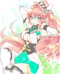  antenna_hair armpits arms_behind_head arms_up black_bra blue_eyes bra braid breasts cleavage collar detached_sleeves dragalia_lost fmist_0245 fukumitsu_0025 green_shorts hair_ornament high_ponytail large_breasts long_hair louise_(dragalia_lost) open_mouth pink_hair shorts solo thighhighs underboob underwear white_thighhighs 