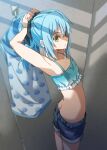  1other armpits arms_behind_head arms_up ass blue_hair breasts changing_room cleavage closed_mouth cowboy_shot hair_between_eyes looking_back no_panties ponytail rimuru_tempest shorts shoura solo swimsuit tensei_shitara_slime_datta_ken tying_hair yellow_eyes 