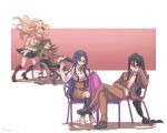  3girls :d bangs bear_hair_ornament black_footwear black_hair black_skirt blonde_hair blurry blurry_background boots braid breasts brown_jacket chair collared_shirt danganronpa_(series) danganronpa_v3:_killing_harmony enoshima_junko green_hair hair_ornament happy highres hope&#039;s_peak_academy_school_uniform jacket kamukura_izuru knee_boots kneehighs large_breasts long_braid long_hair midori_(310ri_21) miniskirt multiple_girls neck_ribbon necktie pink_skirt purple_hair red_background red_necktie red_ribbon ribbon school_uniform shirogane_tsumugi shirt shoes sitting skirt smile socks towa_monaka twintails wheelchair white_footwear 