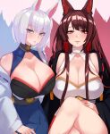  2girls absurdres akagi_(azur_lane) animal_ears azur_lane blue_eyes blue_skirt breasts brown_hair brown_tail cleavage collar crossed_legs fox_ears fox_girl fox_tail highres huge_breasts japanese_clothes kaga_(azur_lane) kimono kitsune kyuubi large_tail long_hair looking_at_viewer metal_belt metal_collar multiple_girls multiple_tails red_eyes sakuramon short_hair simple_background sironekomia1 skirt tail white_background white_hair white_kimono white_tail 