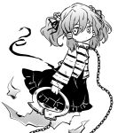  1girl closed_mouth commentary_request cuffs full_body ghost_tail hair_ornament hair_tubes highres long_sleeves looking_at_viewer miyadeguchi_mizuchi monochrome pote_(ptkan) prison_clothes shirt short_hair simple_background skirt skull_hair_ornament solo striped striped_shirt touhou two_side_up white_background 