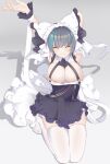  1girl absurdres animal_ears aqua_eyes armpits arms_up azur_lane breasts cheshire_(azur_lane) chinese_commentary cleavage closed_eyes detached_sleeves fake_animal_ears frilled_hairband frilled_ribbon frills full_body grey_background hairband highres kylin_47 large_breasts long_ribbon maid_headdress multicolored_hair puffy_detached_sleeves puffy_sleeves purple_apron ribbon simple_background skindentation solo streaked_hair thighhighs two-tone_hair white_thighhighs zettai_ryouiki 