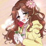  1girl ariura_kanna artist_request bangs brown_hair curtained_hair flower highres horizon idolmaster idolmaster_cinderella_girls jacket long_hair looking_at_viewer one_eye_closed outdoors parted_bangs ritsuki_rengemari smile solo source_request w 