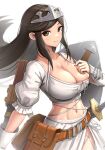  aisha_(ash) archaic_sealed_heat armor bangs belt_pouch breast_suppress breasts brown_eyes brown_hair cleavage closed_mouth collarbone cowboy_shot crop_top gonzarez highres large_breasts long_hair looking_at_viewer midriff navel pouch puffy_short_sleeves puffy_sleeves shield short_sleeves sidelocks simple_background single_bare_shoulder skirt smile swept_bangs sword tiara weapon white_background 