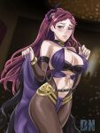  1girl alternate_costume bangs bare_shoulders belt blush bodystocking braid breasts cape circlet cleavage collar cosplay curvy dancer dmnalexknight dorothea_arnault dorothea_arnault_(cosplay) fire_emblem fire_emblem_heroes hair_ornament holding jewelry large_breasts lene_(fire_emblem) lene_(fire_emblem)_(cosplay) lips loki_(fire_emblem) long_hair looking_at_viewer midriff nail_polish navel open_mouth pantyhose pelvic_curtain purple_eyes purple_hair purple_nails revealing_clothes simple_background smile solo thighs 