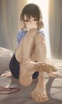  1girl absurdres arm_support blue_shirt blurry blurry_background blush brown_hair brown_pantyhose douki-chan_(douki-chan) feet foot_focus ganbare_douki-chan hair_bun highres hxxg indoors knees_up lanyard looking_at_viewer office_lady on_bed pantyhose pencil_skirt shirt single_side_bun sitting skirt soles solo toes 