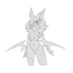 1:1 5_fingers bandage bottomwear bra breasts butt_wings cleavage clothed clothing cornfrosty female fingers hair hair_over_eye humanoid monochrome monster_girl_(genre) navel neck_tuft one_eye_obstructed partially_clothed simple_background solo standing tagme tuft underwear white_background wings 