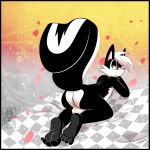  &lt;3 abstract_background anthro anus balls black_body black_fur butt feet fur genitals hair half-closed_eyes hi_res looking_back male mammal mephitid narrowed_eyes optibyte paws petals pinup pose red_eyes red_nose skunk soles solo watermark white_body white_fur white_hair white_tuft 