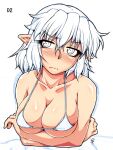  1girl bikini blush breast_lift breasts cleavage crossed_arms eyelashes full-face_blush large_breasts micro_bikini mizuhashi_parsee ootsuki_wataru partially_colored pointy_ears sketch skindentation solo swimsuit touhou underboob wavy_mouth white_bikini 