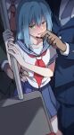  1other 2boys bangs blue_hair blue_skirt chikan embarrassed hair_between_eyes highres long_hair molestation multiple_boys neckerchief pleated_skirt rimuru_tempest sailor_collar sailor_shirt school_uniform serafuku shirt shoura skirt solo_focus tensei_shitara_slime_datta_ken train_interior yellow_eyes 