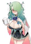  1girl blue_ribbon blush braid breasts cape ceres_fauna cleavage cup dismassd dress drinking_glass green_hair hair_over_one_eye highres hololive hololive_english horns large_breasts long_hair milk ribbon single_braid solo virtual_youtuber white_cape white_dress yellow_eyes 