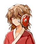  1other ametsukana_yago androgynous bandage_over_one_eye brilliant_pagoda_or_haze_castle brown_hair closed_mouth commentary_request frown hemo_(hemoroda) japanese_clothes kimono len&#039;en long_hair mask mask_on_head portrait red_eyes red_kimono simple_background solo white_background 