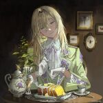  1boy blonde_hair bug closed_mouth cup earrings extraspiky flower food formal gloves green_suit grey_eyes head_tilt highres jewelry long_hair looking_at_viewer male_focus original picture_frame prince purple_flower sitting smile solo suit tea teacup teapot vase 