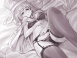  1girl bangs bra garter_straps greyscale habit hand_on_own_stomach highres ishiyumi lingerie looking_at_viewer monochrome navel on_bed open_clothes original panties short_hair solo stomach thighhighs underwear 