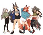  4girls alternate_costume animal_ears arknights ashlock_(arknights) asymmetrical_legwear black_footwear black_pants black_shorts blue_footwear blue_jacket blue_sweater blush bright_pupils casual commentary cropped_sweater english_commentary fartooth_(arknights) feather_hair flametail_(arknights) green_shirt green_sweater grey_eyes grey_hair grey_sports_bra grin hawberries hood hooded_sweater horse_ears horse_girl horse_tail jacket leg_warmers long_hair long_sleeves midriff mismatched_legwear multiple_girls navel open_clothes open_jacket oripathy_lesion_(arknights) pants pants_under_shorts ponytail red_eyes red_footwear red_hair red_shorts shirt shoes short_hair shorts simple_background smile sports_bra squirrel_ears squirrel_girl squirrel_tail sweater tail white_background white_footwear white_pupils white_shorts wild_mane_(arknights) 