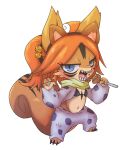  adult_(lore) anthro bra brown_body brown_fur claws clothing countershading doneru eating fake_ears fangs female fluffy fluffy_tail flying_squirrel food fur hair hi_res holding_food holding_object jack-o&#039;-lantern looking_aside looking_at_viewer mammal mizett_(doneru) navel orange_hair ponytail rodent sciurid simple_background solo tied_hair underwear werewolf_costume white_background young 
