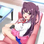  :d bare_legs bebebe_(pepegakii) blue_skirt brown_hair controller couch glass_table hase_rinon highres holding holding_controller indoors jacket long_hair miniskirt neck_ribbon pink_eyes pink_jacket red_ribbon ribbon shirt sitting skirt smile table tama_project two_side_up white_shirt 