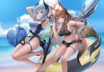  :p absurdres animal_ear_fluff animal_ears arknights arm_strap ball bangs bare_arms bare_shoulders barefoot beach beachball bikini black_bikini blue_hair blue_one-piece_swimsuit blue_sky blue_umbrella breasts brown_eyes brown_hair cellphone cloud cloudy_sky covered_navel day dragon_horns dragon_tail earbuds earphones extra_ears feet_out_of_frame fox_ears fox_tail franka_(arknights) full_body hand_up highres holster horns innertube large_breasts light_blue_hair liskarm_(arknights) long_hair looking_at_viewer multicolored_clothes multicolored_swimsuit navel one-piece_swimsuit phone ponytail red_eyes sky smartphone sthk stomach swimsuit tail thigh_strap thighs tongue tongue_out umbrella very_long_hair white_one-piece_swimsuit 